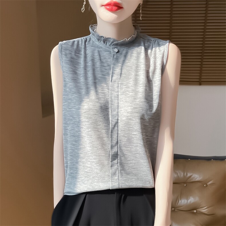 无袖女夏季木耳领袖衫宽松简约百搭纯色女上衣,针织衫/毛衣,绒宛羊绒
