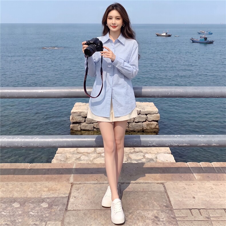 女款春秋新款设计感纯色翻领百搭单排扣宽松时尚简约小个子衬衣潮,女装衬衫,江南