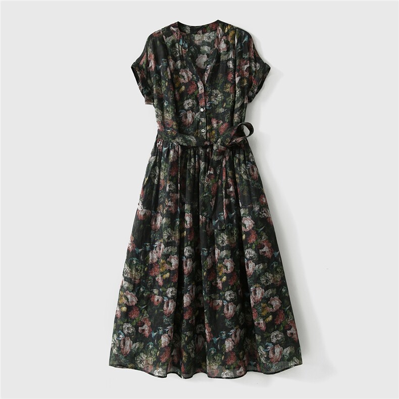 2025年秋季新款百搭艺术印花V领短袖连衣裙，女装连衣裙，织己羊绒