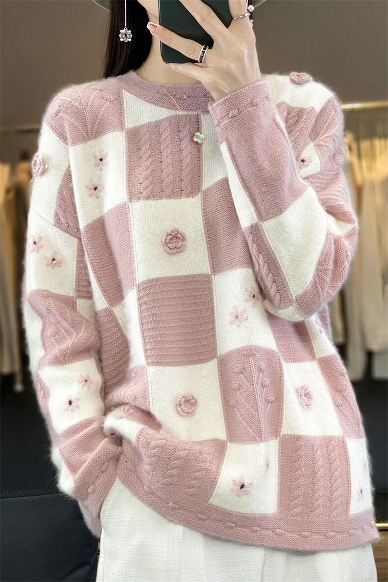 100%纯羊毛衫女圆领撞色勾花毛衣针织衫宽松慵懒风羊绒打底衫上衣,女装羊毛衫,臻维羊绒