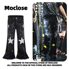 美式高街复古五角星烫钻刷漆牛仔裤男女潮牌宽松百搭微喇叭长裤子，男装牛仔裤，四季星座505