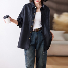 徐璐明星同款春秋装机车PU皮衣外套中长款女酷帅气皮衬衫衣服黑色，女装皮衣，美拉德工厂直营店