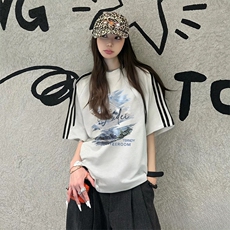 抖音得物高品质二开240克宽松纯棉美式潮牌三条杠织带短袖T恤，男装T恤，电商A486-1