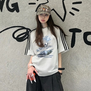 抖音得物高品质二开240克宽松纯棉美式潮牌三条杠织带短袖T恤图片