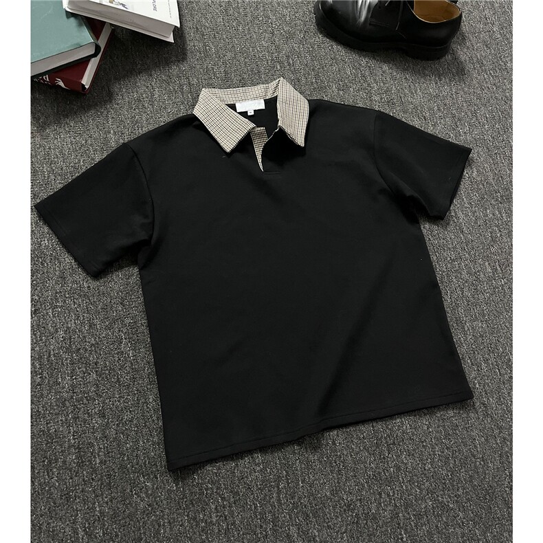 网图-现货夏装千鸟格拼接翻领短袖T恤POLO衫夏季男装半袖S421特38,男装T恤,电商A233-1
