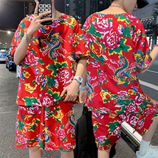 TZ203夏季新款男士T恤短裤套装东北大花大码红色蓝色青年运动套装，男装T恤，星座115A(原星座507）