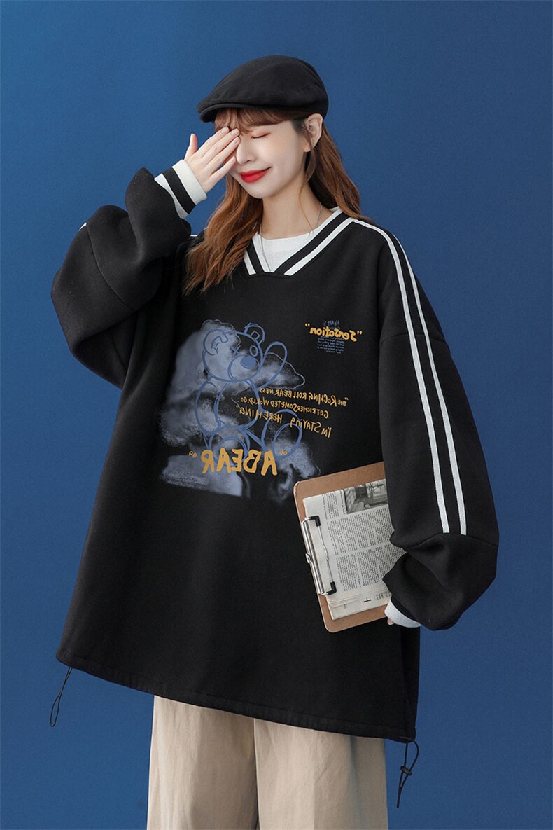 中性风2024秋季新品设计感小熊印花V领港风情侣卫衣B10-p55控68,男装卫衣,A247A