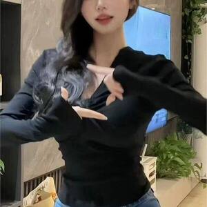纯欲性感黑色v领长袖T恤打底衫女秋冬季新款收腰显瘦内搭短款上衣,女装针织衫/毛衣,星座506A