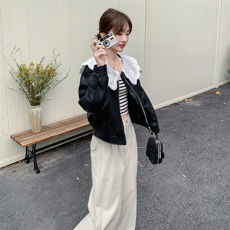 蕾丝拼接娃娃领皮衣外套女2025秋季新款韩系设计感小众休闲短夹克,女装皮衣,2C098
