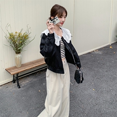 蕾丝拼接娃娃领皮衣外套女2025秋季新款韩系设计感小众休闲短夹克，女装皮衣，2C098