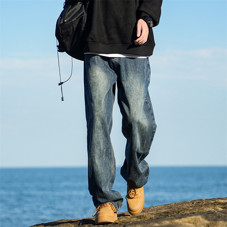 水洗牛仔裤男生春秋季美式复古高街vibe风潮牌宽松直筒阔腿长裤子，男装卫衣，电商A310