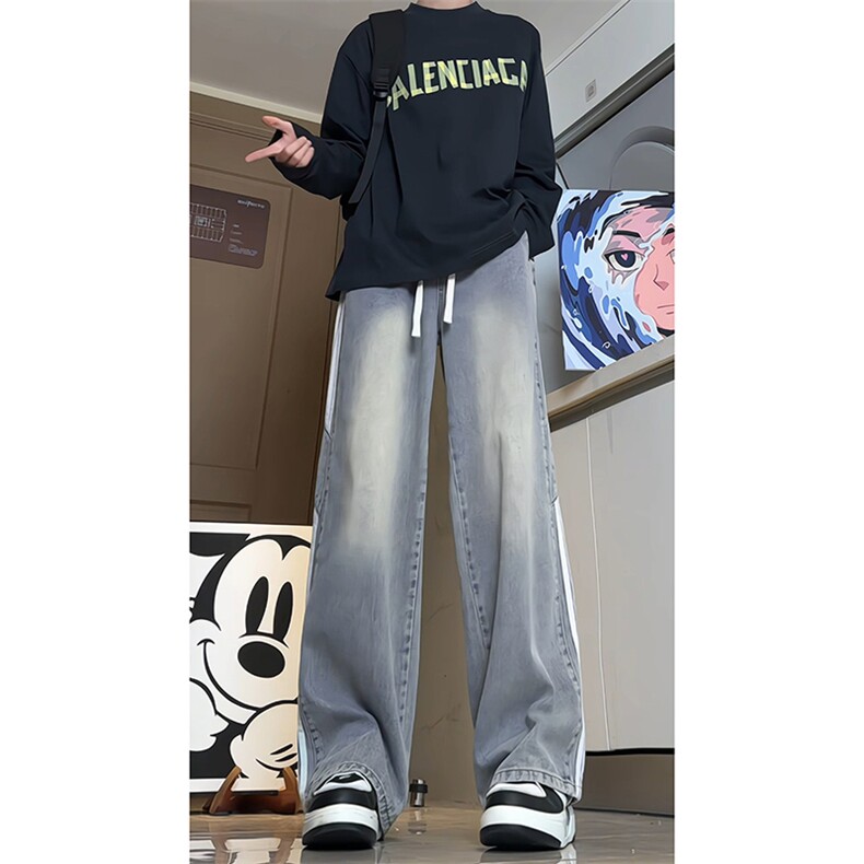 美式高街vibe裤子男秋季新款三杠条纹拼接潮牛仔裤-A1218TP48控78,男装牛仔裤,电商B241