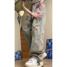 高街hiphop破洞牛仔裤男宽松显瘦直筒裤子insA166-K001-P50控68，男装牛仔裤，电商A166