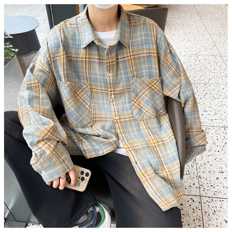 复古港风格子衬衫男女夏季宽松百搭慵懒感长袖衬衣外套M1277-p38图片