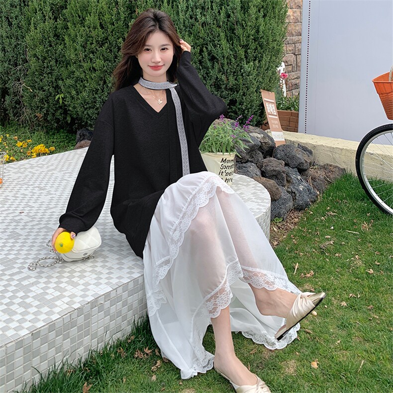 2025新款现货！超美连衣裙春季长袖拼接蕾丝下摆配飘带,女装连衣裙,1C151