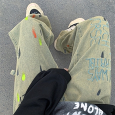 美式高街牛仔裤复古潮流嘻哈设计感水洗长裤男N01744-P50，男装牛仔裤，星座308B-1