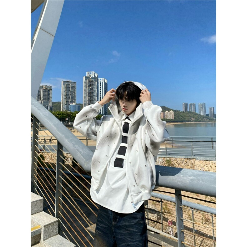 美式高街复古扎染珍珠点缀喷绘连帽卫衣男女休闲百搭宽松开衫上衣,男装卫衣,星座506A