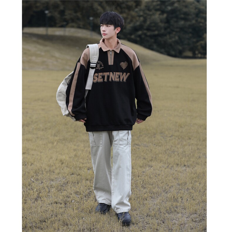 高品质秋季美式拼色翻领POLO衫休闲宽松卫衣WY235-P50控78加绒60,男装卫衣,电商B370