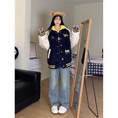 网图现货撞色刺绣棒球服男女春秋季潮三条杠拼接百搭夹克外套，男装夹克，星座601-2