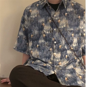 D5241-P35夏季新款美式复古潮牌扎染印花短袖衬衫上衣男-网图现货图片