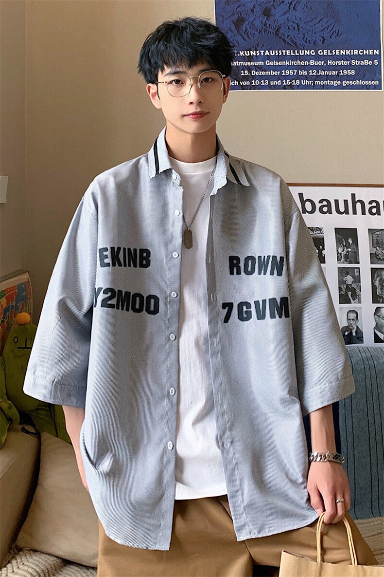1港风竖条纹大码M-5XL中性风情侣潮七分袖衬衫男QCS7018P45控69,男装衬衫,星座226-2