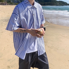 22大货港风短袖衬衫男条纹休闲潮流宽松半袖衬衣P4558，男装T恤，电商B413-1