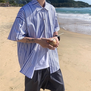 22  大货 港风短袖衬衫男条纹休闲潮流宽松半袖衬衣P4558图片