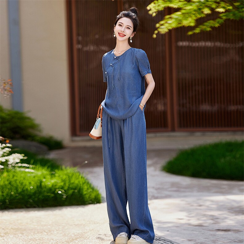 复古天丝薄牛仔套装女2024夏季国风气质时尚洋气减龄阔腿裤两件套，女装套装/套裙，依路服饰