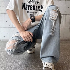 美式vibe风裤子高街潮牌黄泥染水洗破洞牛仔裤N2221P43，男装牛仔裤，星座1116-2