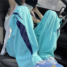 薄荷曼波风湖蓝色裤子夏季宽松阔腿hiphop街舞速干美式降落伞兵裤，男装休闲裤，星座506A