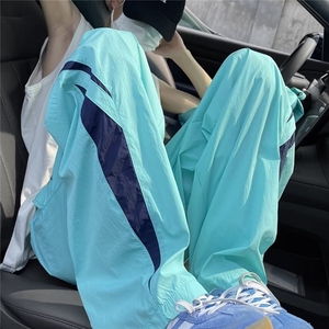 薄荷曼波风湖蓝色裤子夏季宽松阔腿hiphop街舞速干美式降落伞兵裤图片