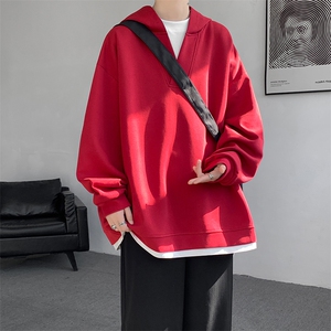 8XL-M叠穿假两件卫衣重磅连帽V领拼接套头衫宽松大码外套WY006P65图片