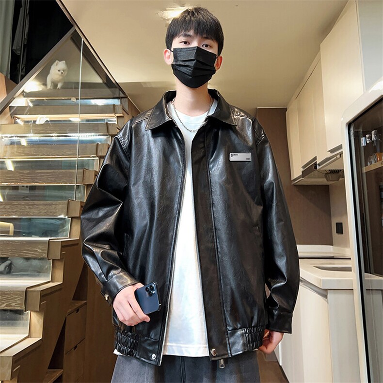 春季贴标男士皮夹克潮流皮衣外套翻领字母情侣款A266-PY006-P80，男装皮衣，电商A266