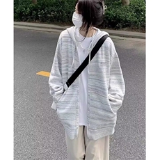 彩虹条纹2024新款女连帽针织开衫外套春秋宽松慵懒风秋冬毛衣，男装针织衫/毛衣，星座506A