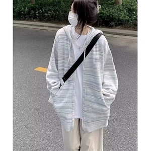 彩虹条纹2024新款女连帽针织开衫外套春秋宽松慵懒风秋冬毛衣图片