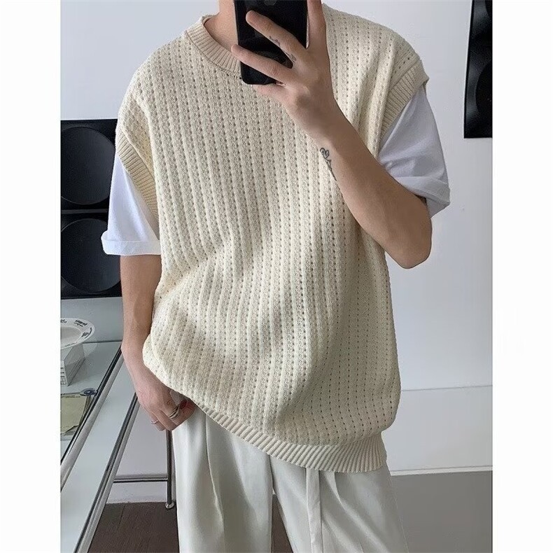 577-P33美式镂空针织背心男网眼透视宽松无袖t恤外搭叠穿坎肩,男装背心/马甲,电商B323A