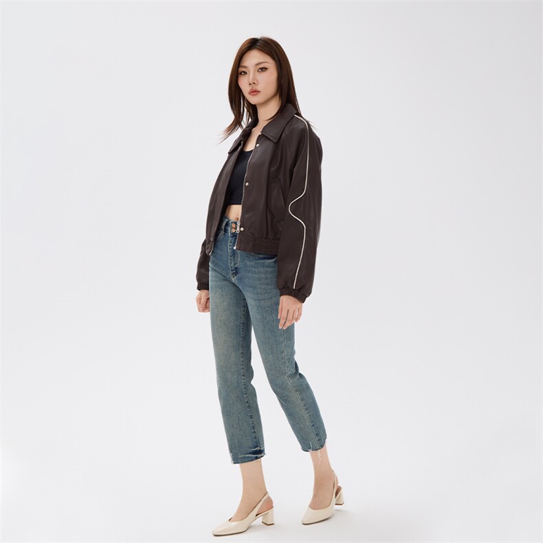 小个子皮衣外套女短款拼色秋季机车棒球服PU皮夹克,女装皮衣,曼琳思菲