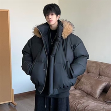 现货三防重磅硬挺boxy短款羽绒棉衣座山雕大毛毛领PU皮棉服外套冬，男装棉衣，电商A486-1