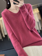v领新款针织女长袖纯色简约百搭宽松套头连帽，女装针织衫/毛衣，戎洋
