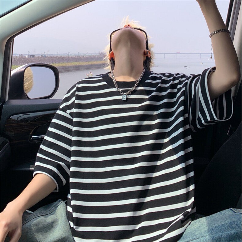 得物抖音品质条纹短袖男女T恤情侣装T2501-P35,男装T恤,星座1212