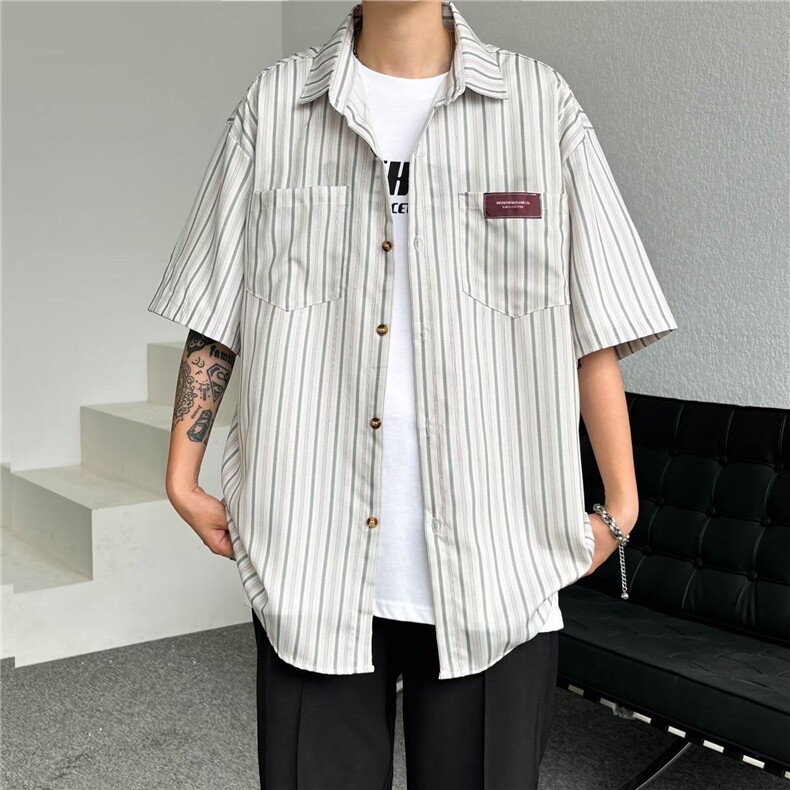DC62-P34日系复古短袖条纹衬衫男女情侣款高级感宽松休闲衬衣外套图片