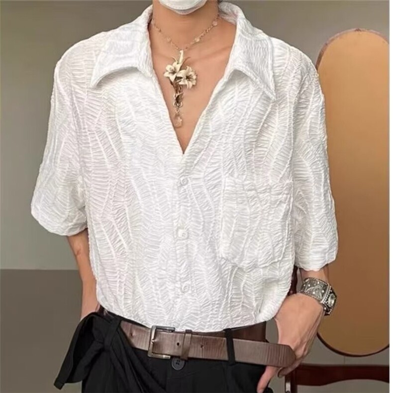 古巴领褶皱免烫衬衫男小众设计提花刺绣宽松休闲开衫外套JCS22,男装衬衫,星座208-5