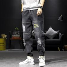 2021春季新日系大码男字母印花破洞拼接束脚九分牛仔裤N8102-P55，男装牛仔裤，电商A001