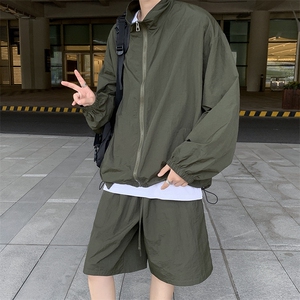 立领夹克防晒衣套装上衣+短裤男女冲锋衣薄两件套运动W7458-P52