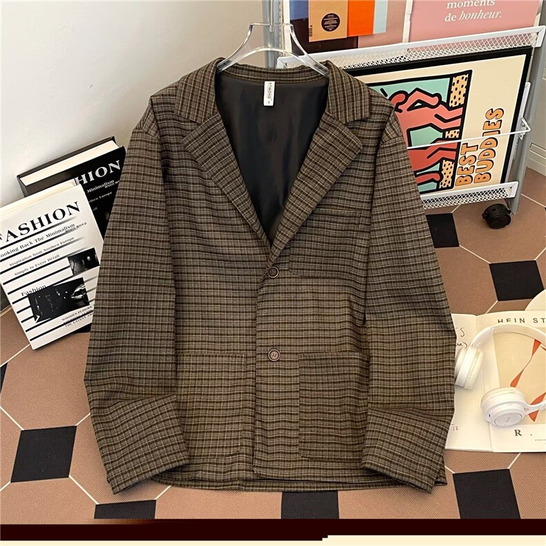 春秋格子西服外套男士韩版潮流宽松百搭帅气上衣1800P58,男装西服,星座410-2