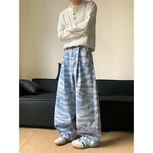 男女水洗迷彩纹理高街潮流阔腿balloon时尚牛仔裤NZ0729-P50图片