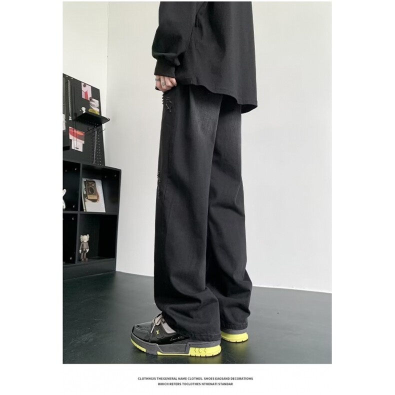 冰丝牛仔裤男夏季薄款美式高街vibe水洗破洞潮牌宽松直筒休闲长裤,男装牛仔裤,四季星座218-1