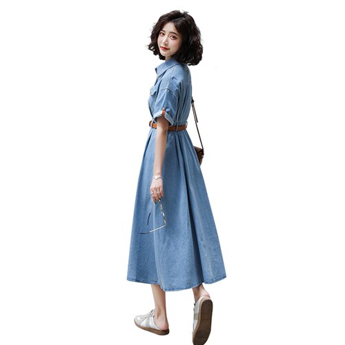 2023新款夏韩版牛仔连衣长裙短袖修身显瘦大摆裙，女装连衣裙，瑶迪依秀