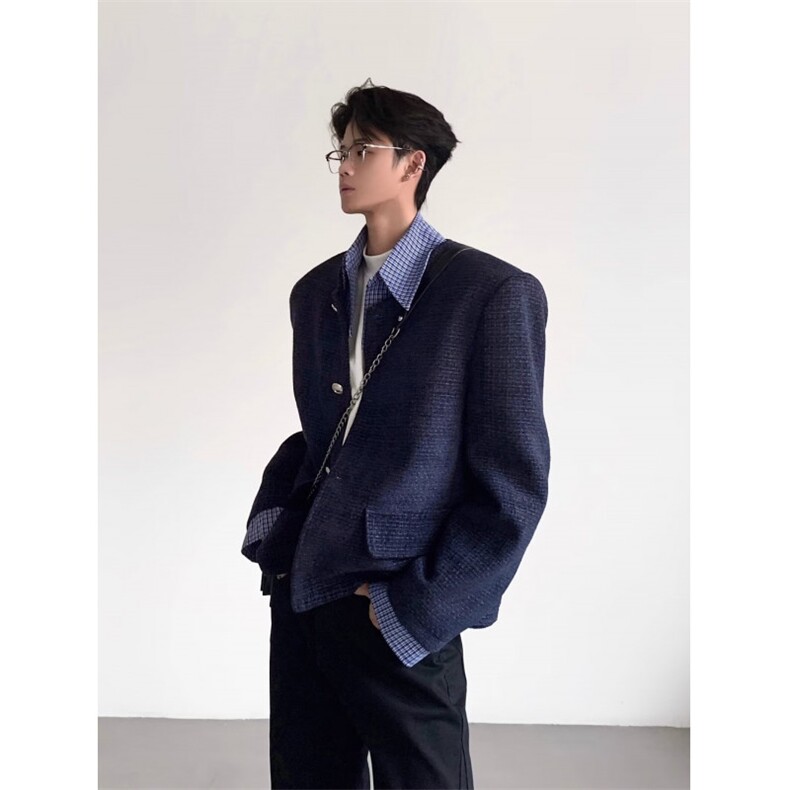 网络图现货粗花呢假两件小香风时髦格子拼接夹克上衣J426-P65,男装夹克,星座715-7