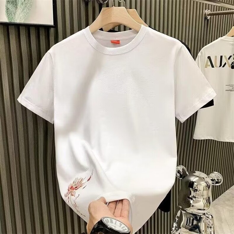 复古风圆领衣服白色刺绣短袖t恤男夏季宽松大码凤凰潮牌重磅,男装T恤,电商B212（原钱塘6029）